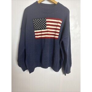 American Flag USA Womens Knit Sweater Crewneck Navy Large Americana Classic